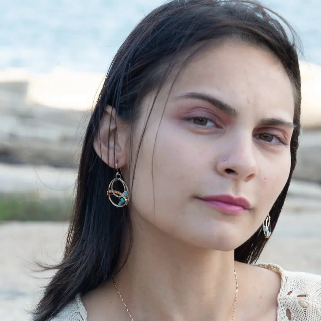 Sterling silver mini double hoop with turquoise gemstones and crystal on sterling silver wire with bronze and brass twist accents