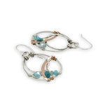 Sterling silver mini double hoop with turquoise gemstones and crystal on sterling silver wire with bronze and brass twist accents