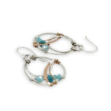 Sterling silver mini double hoop with turquoise gemstones and crystal on sterling silver wire with bronze and brass twist accents