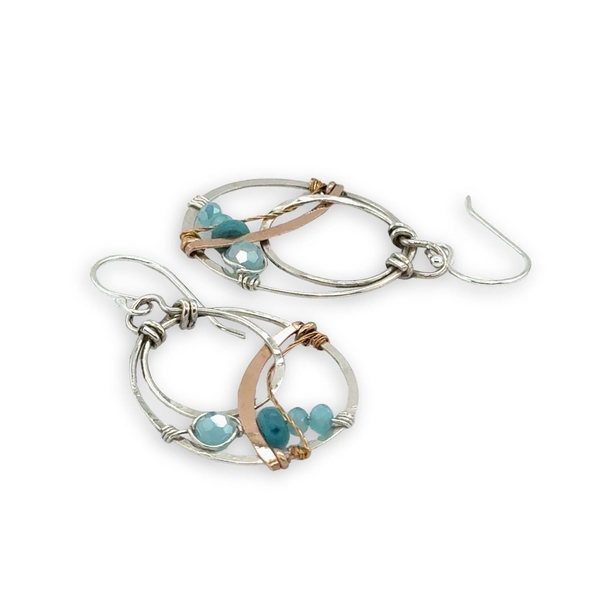 Sterling silver mini double hoop with turquoise gemstones and crystal on sterling silver wire with bronze and brass twist accents