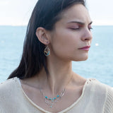 Sterling silver mini double hoop with turquoise gemstones and crystal on sterling silver wire with bronze and brass twist accents