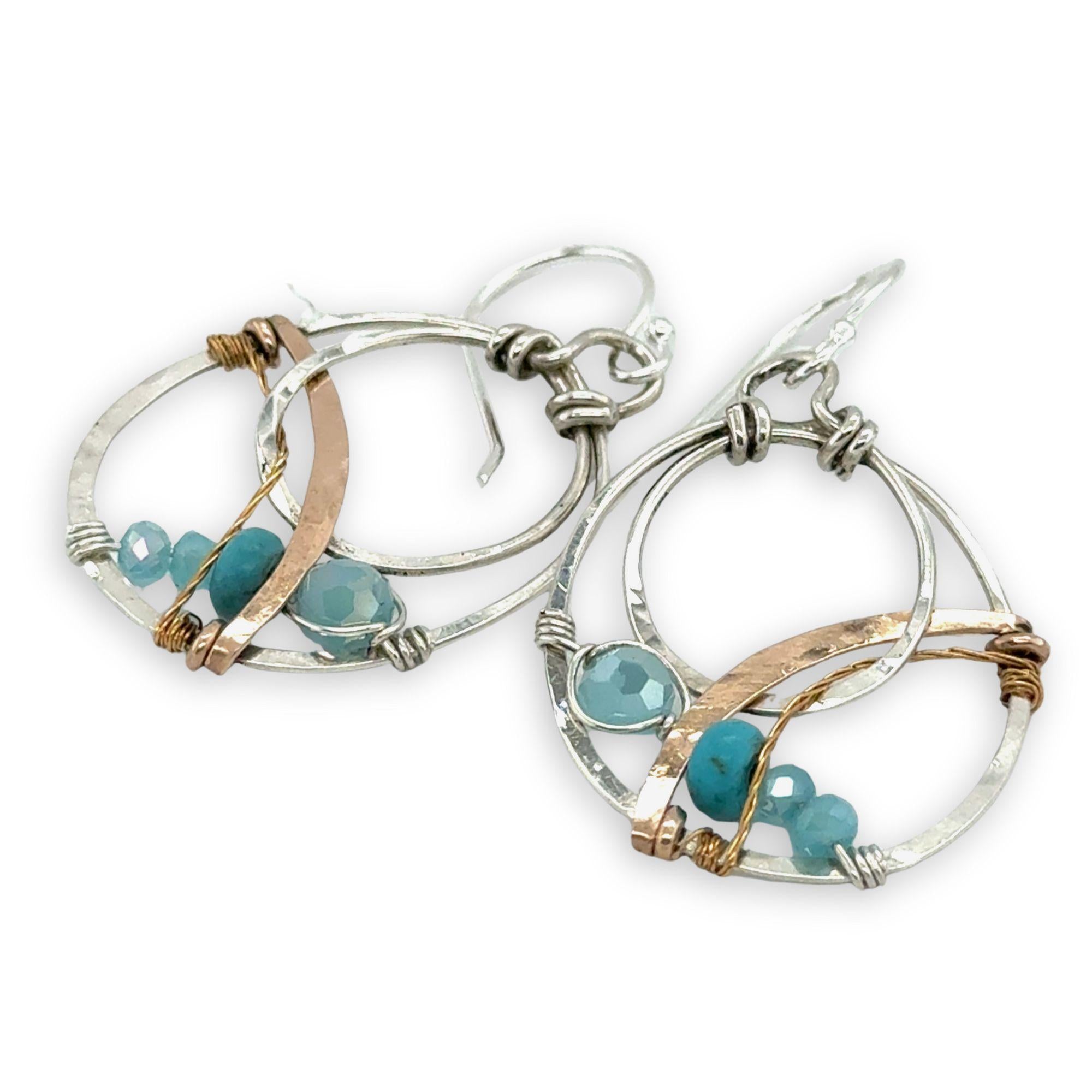 Sterling silver mini double hoop with turquoise gemstones and crystal on sterling silver wire with bronze and brass twist accents