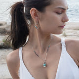 Sterling silver mini double hoop with turquoise gemstones and crystal on sterling silver wire with bronze and brass twist accents