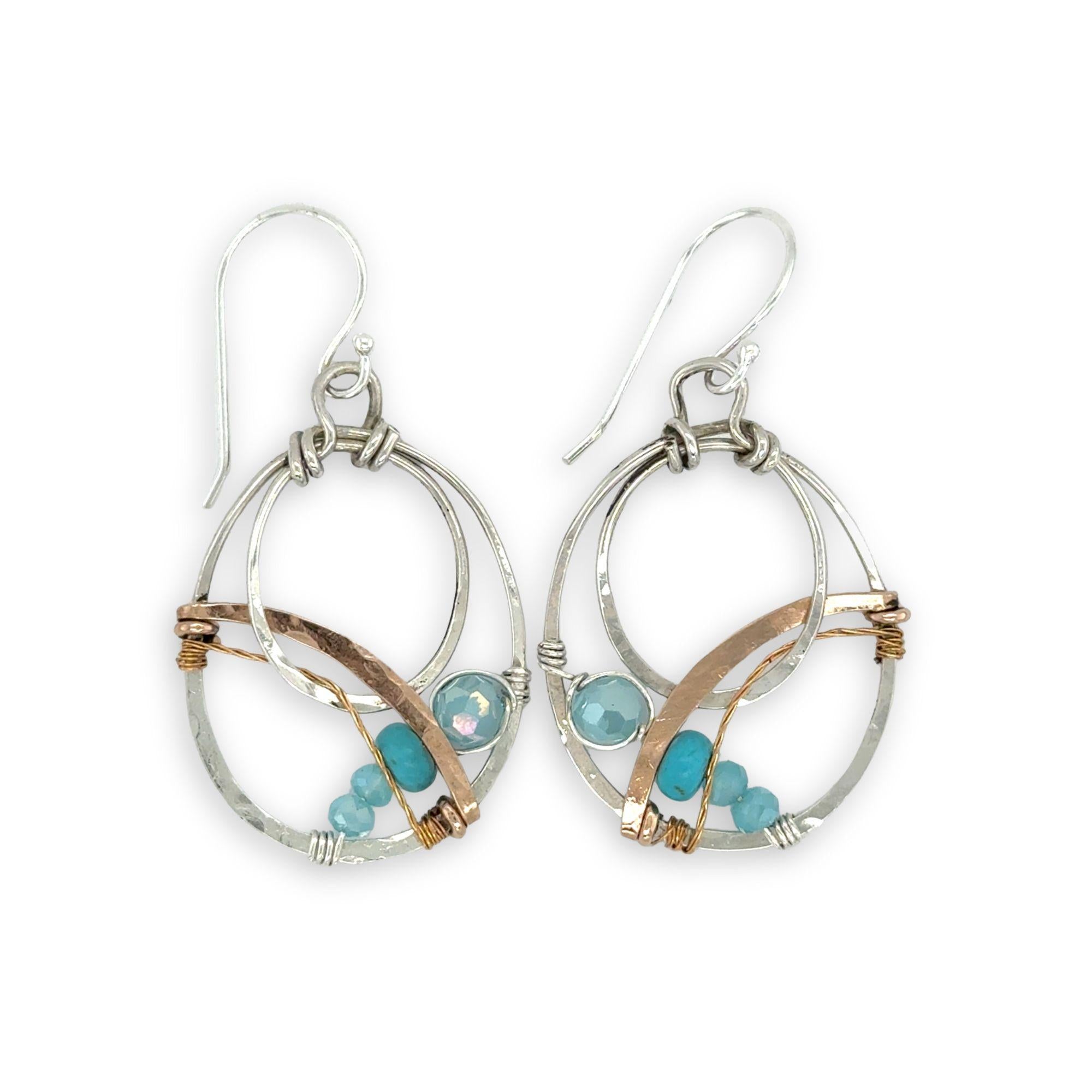 Sterling silver mini double hoop with turquoise gemstones and crystal on sterling silver wire with bronze and brass twist accents