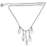 darkened sterling silver chain with five cascading, different sized hammered sterling silver teardrops necklace