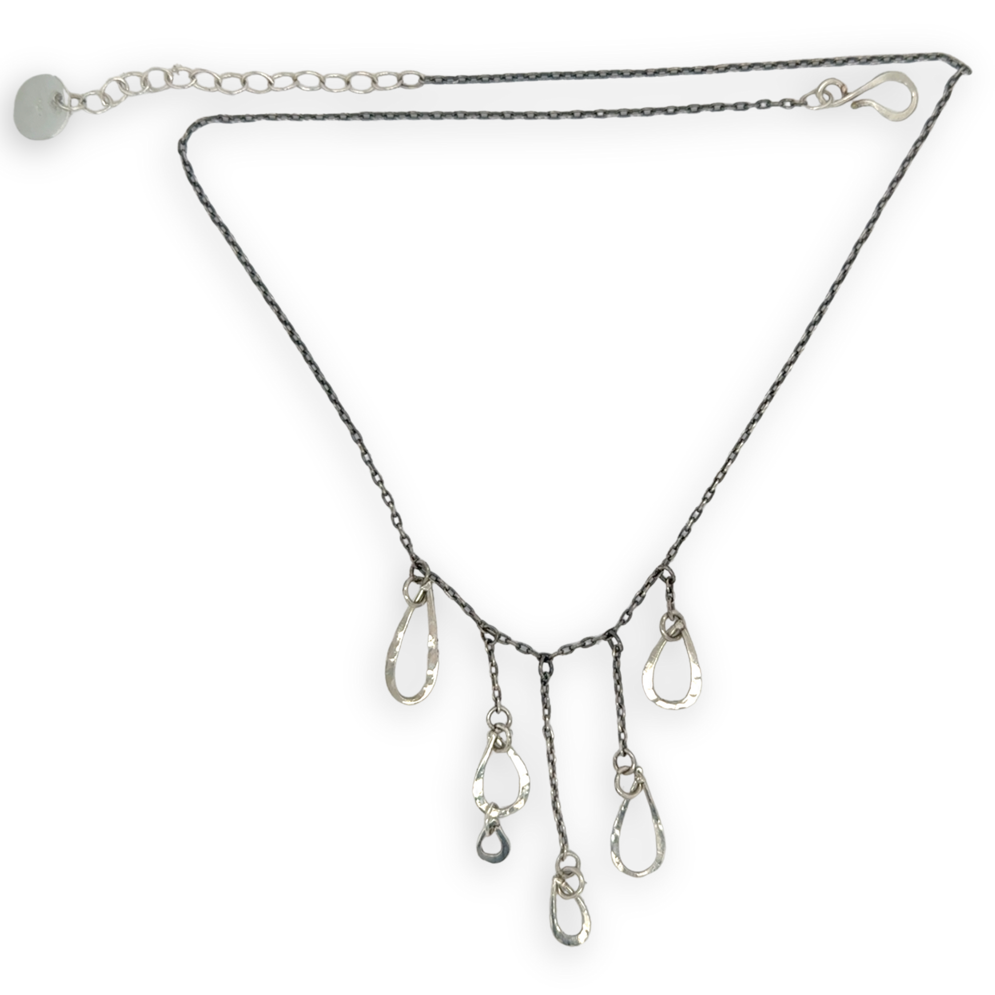 darkened sterling silver chain with five cascading, different sized hammered sterling silver teardrops necklace