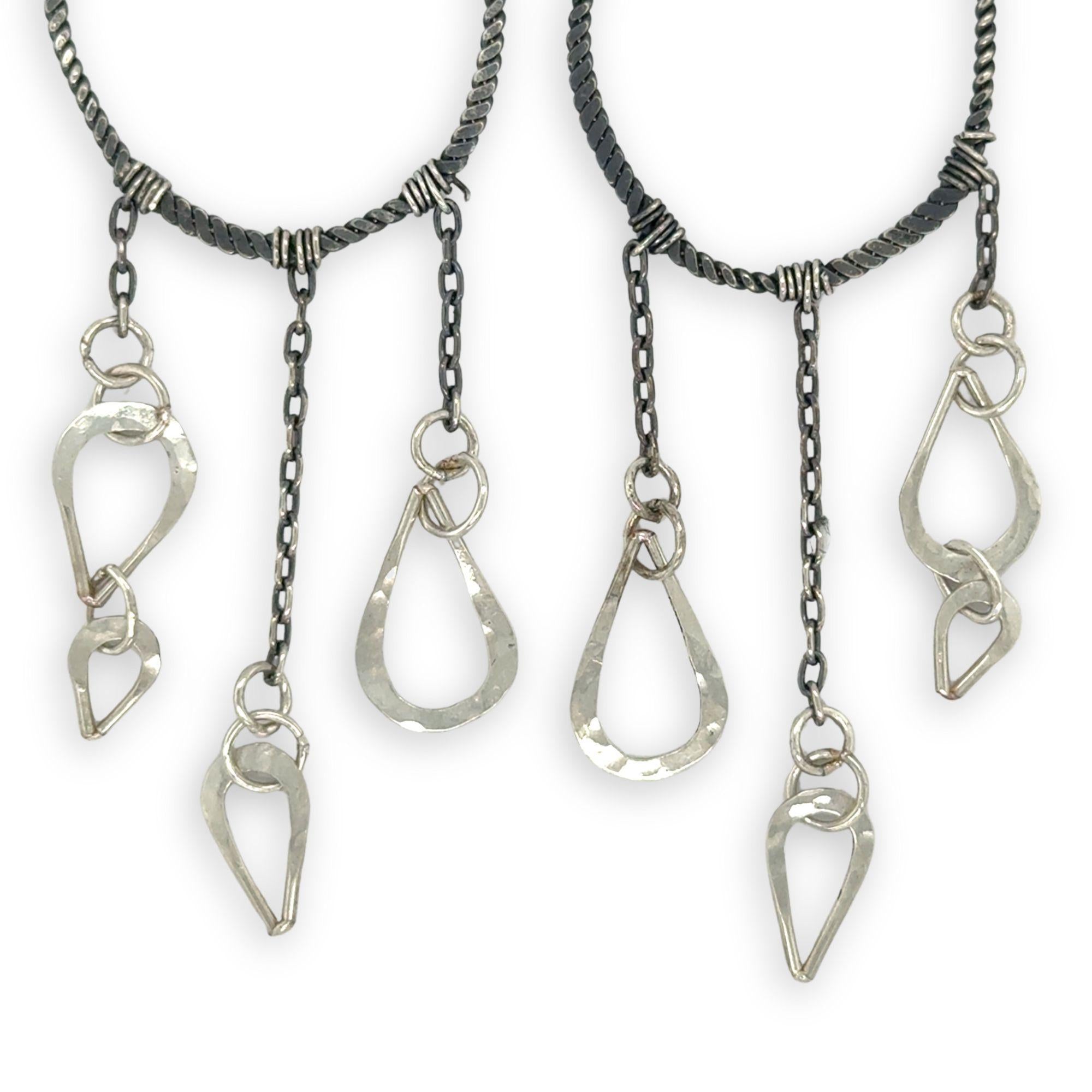 darkened sterling silver twist hoops with sterling silver hammered teardrop cascades earrings