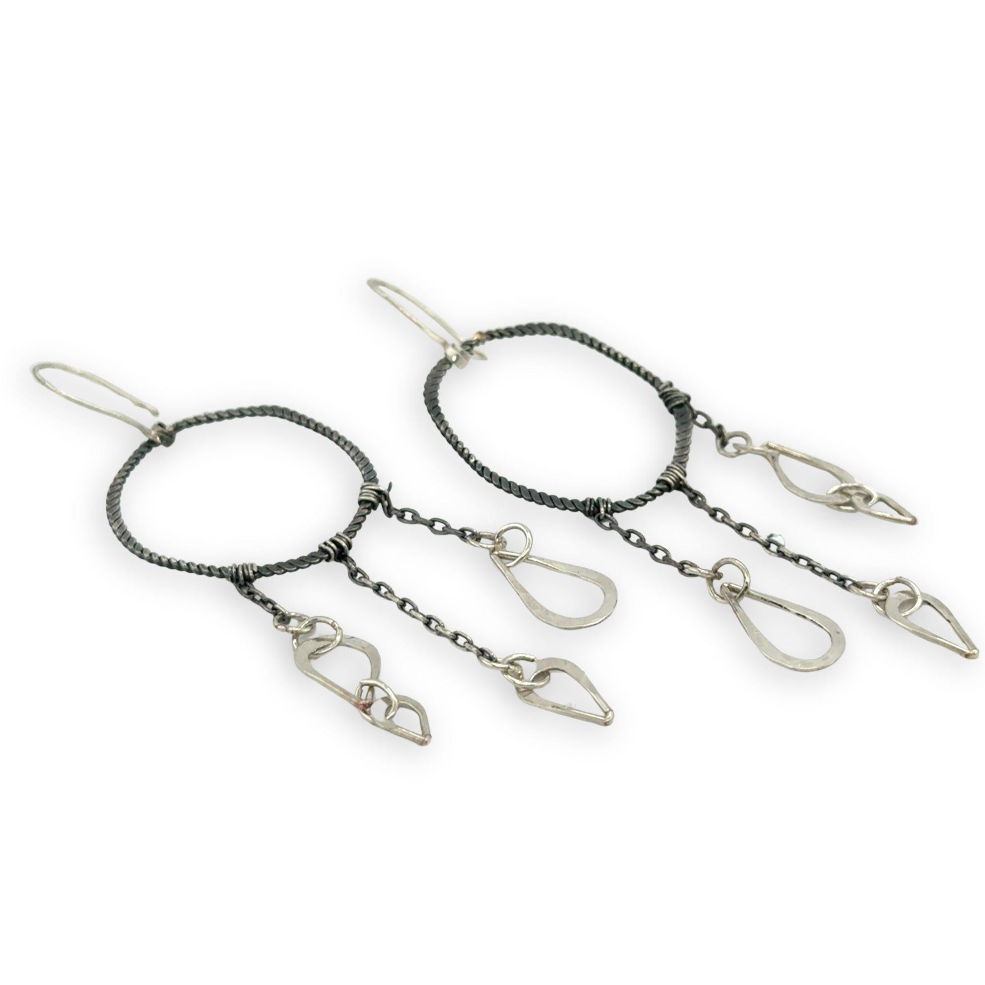 darkened sterling silver twist hoops with sterling silver hammered teardrop cascades earrings