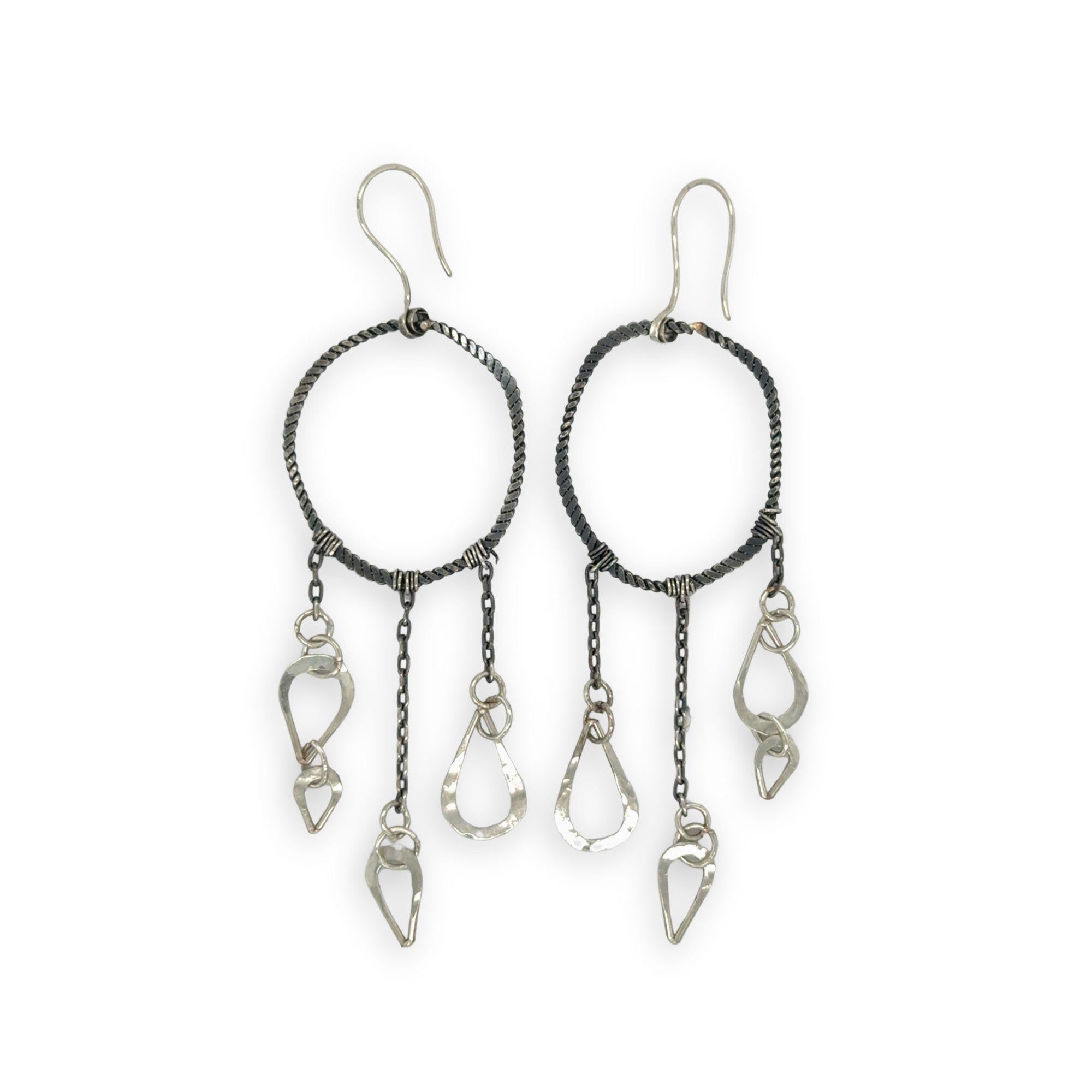 darkened sterling silver twist hoops with sterling silver hammered teardrop cascades earrings