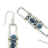 long skinny sterling silver hammered rectangle earrings stacked with blue fresh water pearls, crystal, metallic cubes, and aquamarine cube gemstones