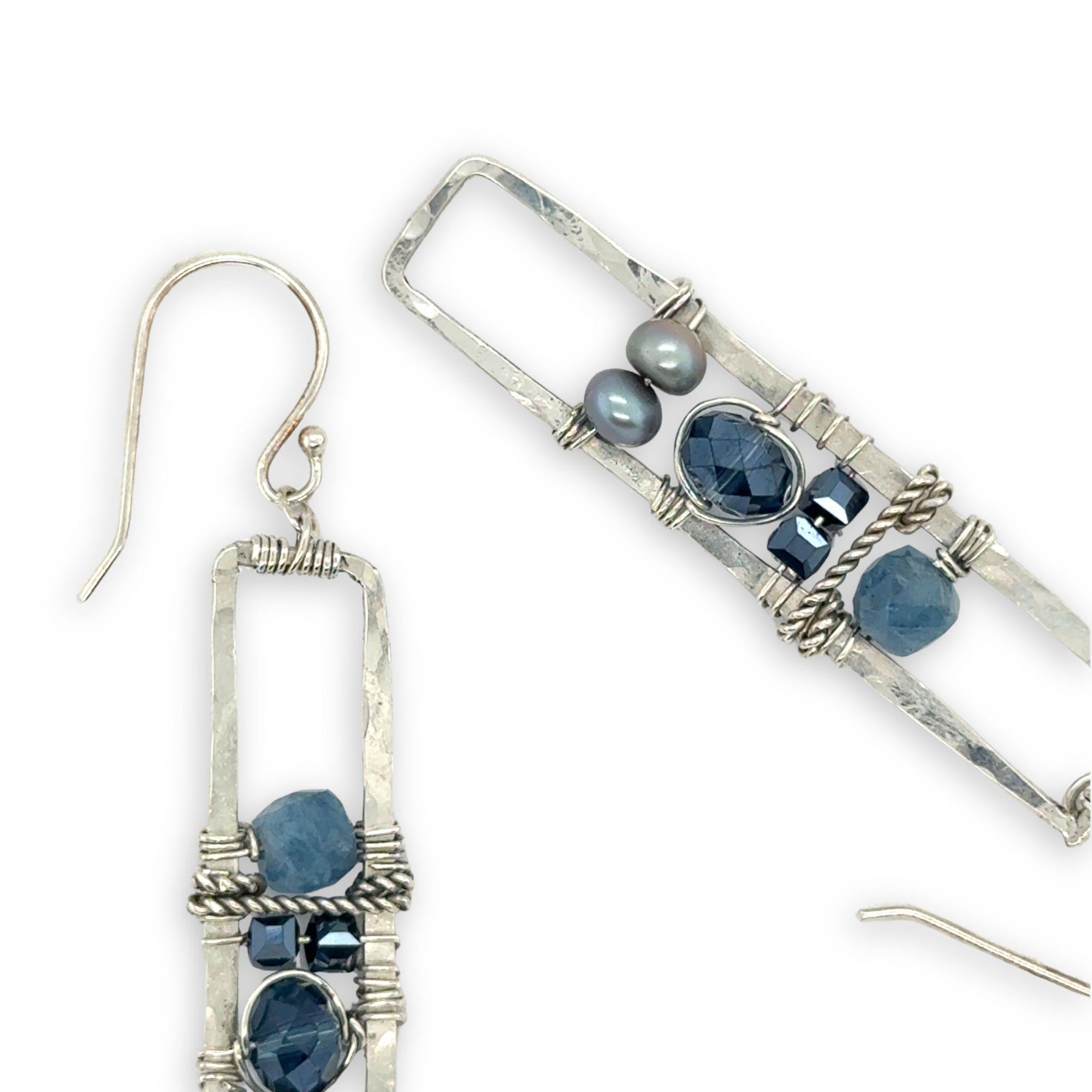 long skinny sterling silver hammered rectangle earrings stacked with blue fresh water pearls, crystal, metallic cubes, and aquamarine cube gemstones