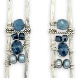 long skinny sterling silver hammered rectangle earrings stacked with blue fresh water pearls, crystal, metallic cubes, and aquamarine cube gemstones