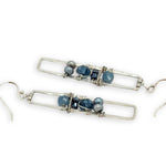 long skinny sterling silver hammered rectangle earrings stacked with blue fresh water pearls, crystal, metallic cubes, and aquamarine cube gemstones