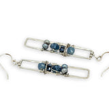 long skinny sterling silver hammered rectangle earrings stacked with blue fresh water pearls, crystal, metallic cubes, and aquamarine cube gemstones