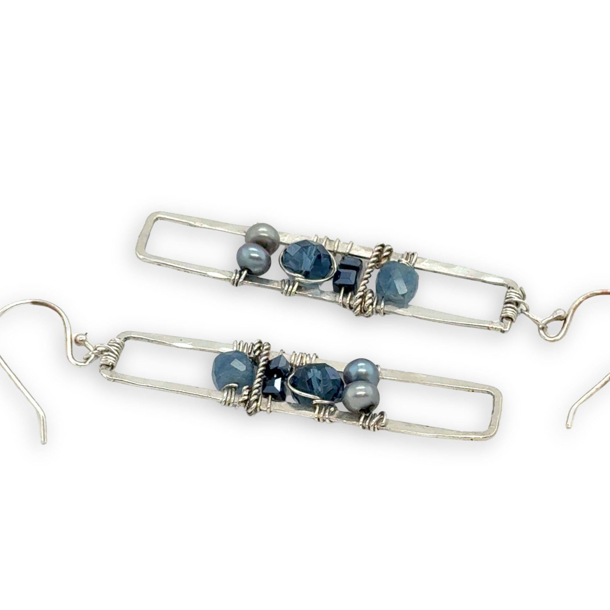 long skinny sterling silver hammered rectangle earrings stacked with blue fresh water pearls, crystal, metallic cubes, and aquamarine cube gemstones