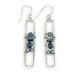 long skinny sterling silver hammered rectangle earrings stacked with blue fresh water pearls, crystal, metallic cubes, and aquamarine cube gemstones