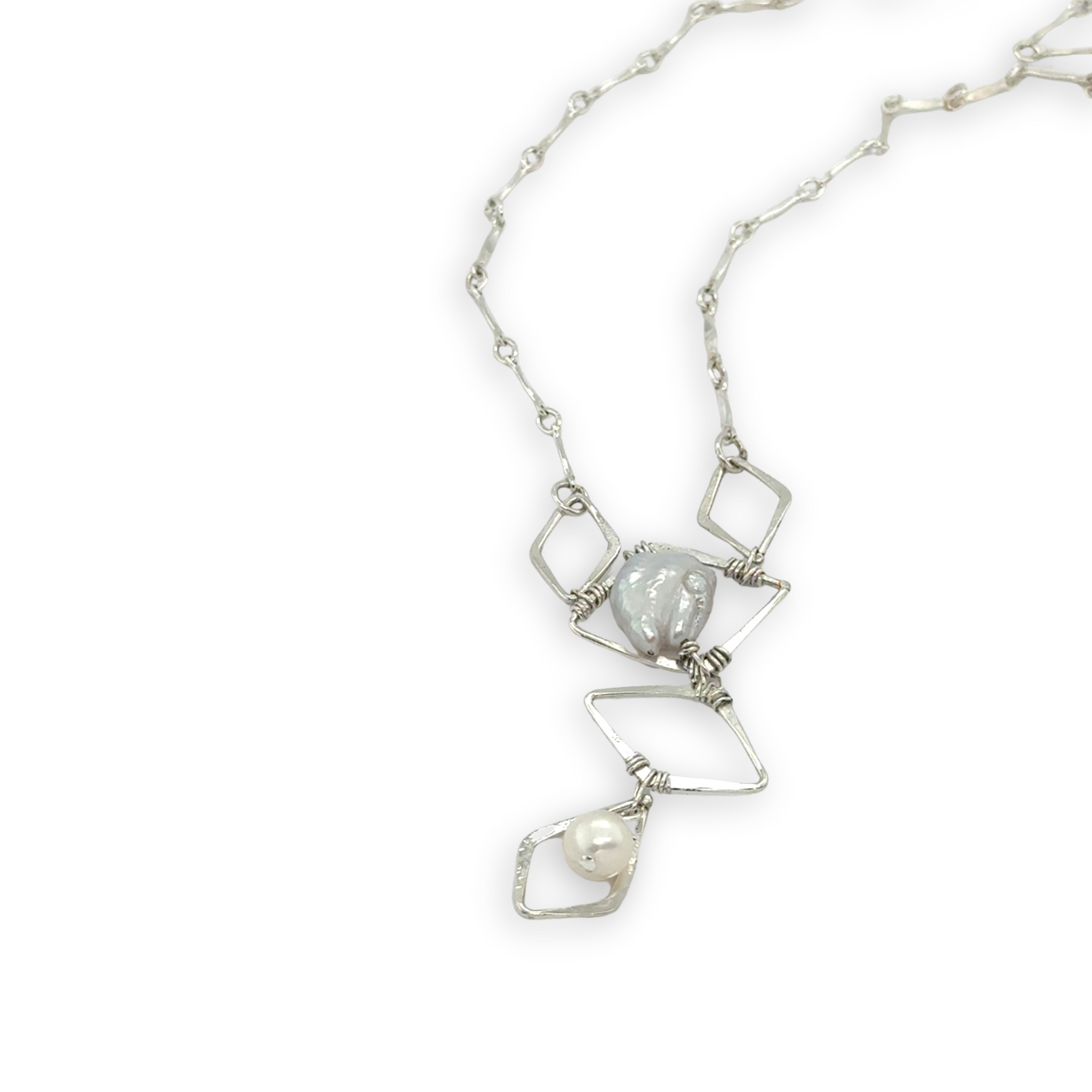 Sterling silver diamonds formed a y shape necklace with fresh water pearl accents