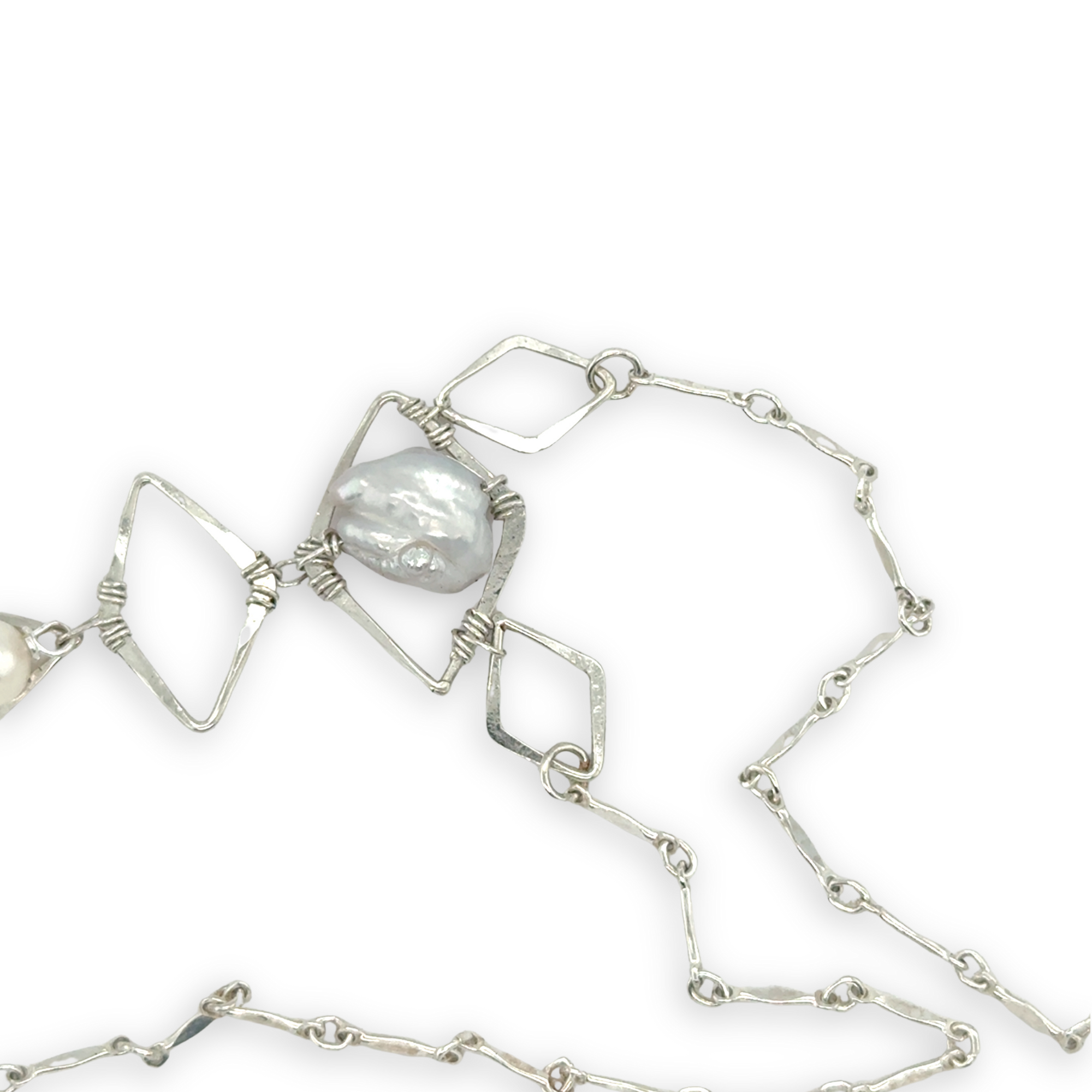 Sterling silver diamonds formed a y shape necklace with fresh water pearl accents