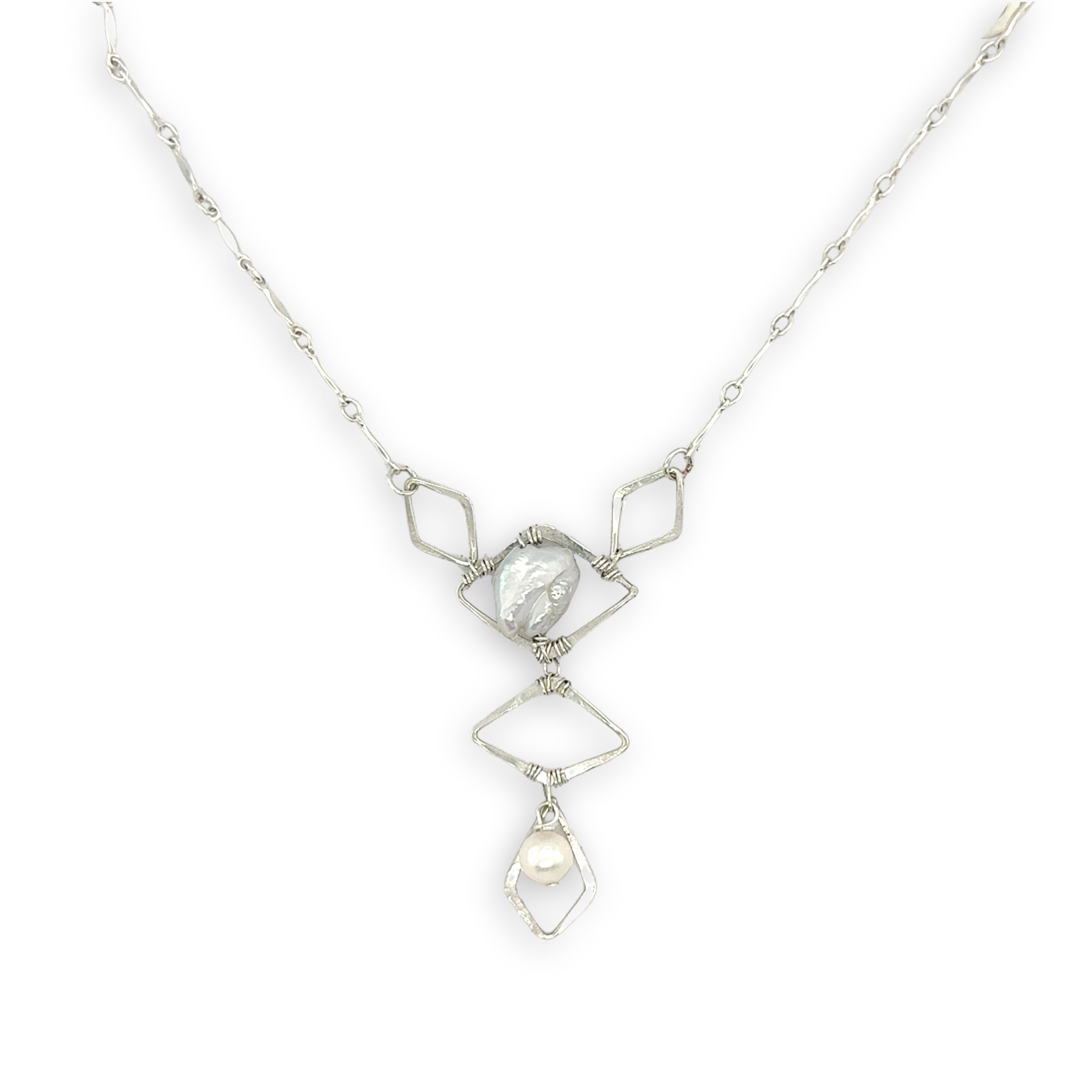 Sterling silver diamonds formed a y shape necklace with fresh water pearl accents