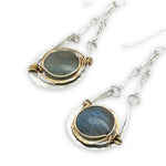 Sterling silver mini hammered cup earrings on bar chain with smooth labradorite coin gemstones wrapped in gold filled wire