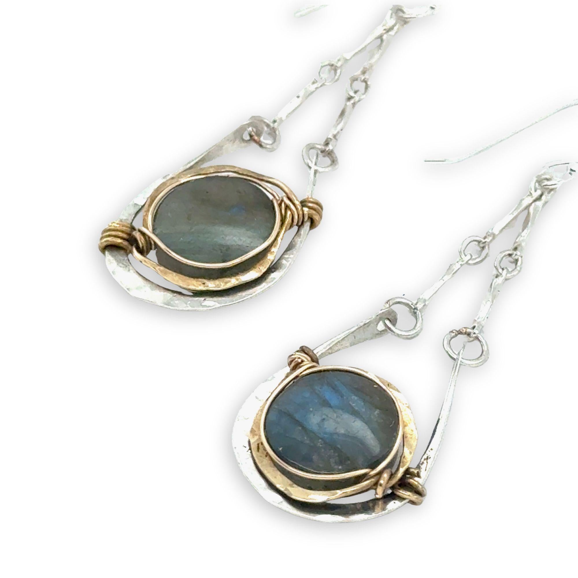 Sterling silver mini hammered cup earrings on bar chain with smooth labradorite coin gemstones wrapped in gold filled wire