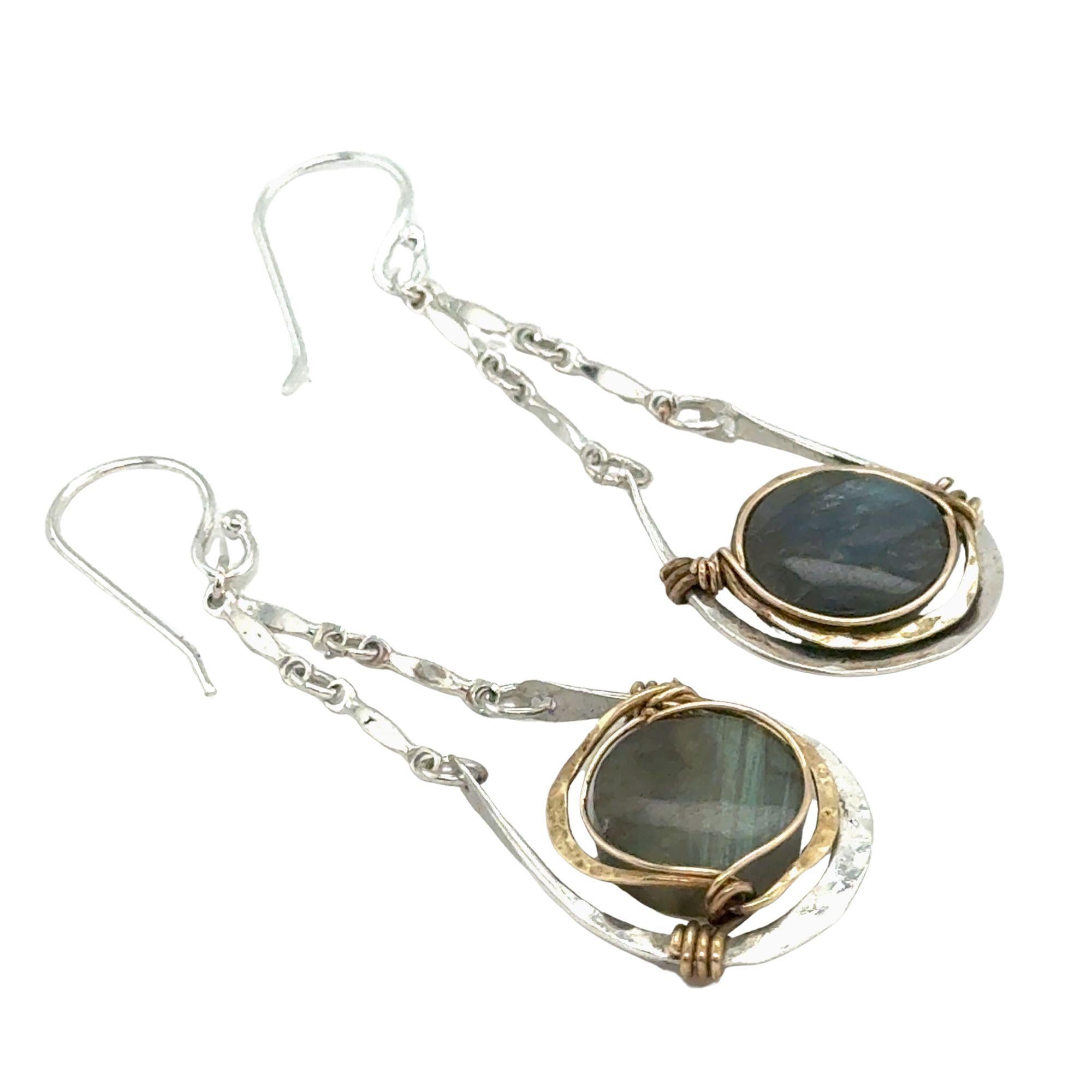 Sterling silver mini hammered cup earrings on bar chain with smooth labradorite coin gemstones wrapped in gold filled wire