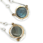 Sterling silver mini hammered cup earrings on bar chain with smooth labradorite coin gemstones wrapped in gold filled wire