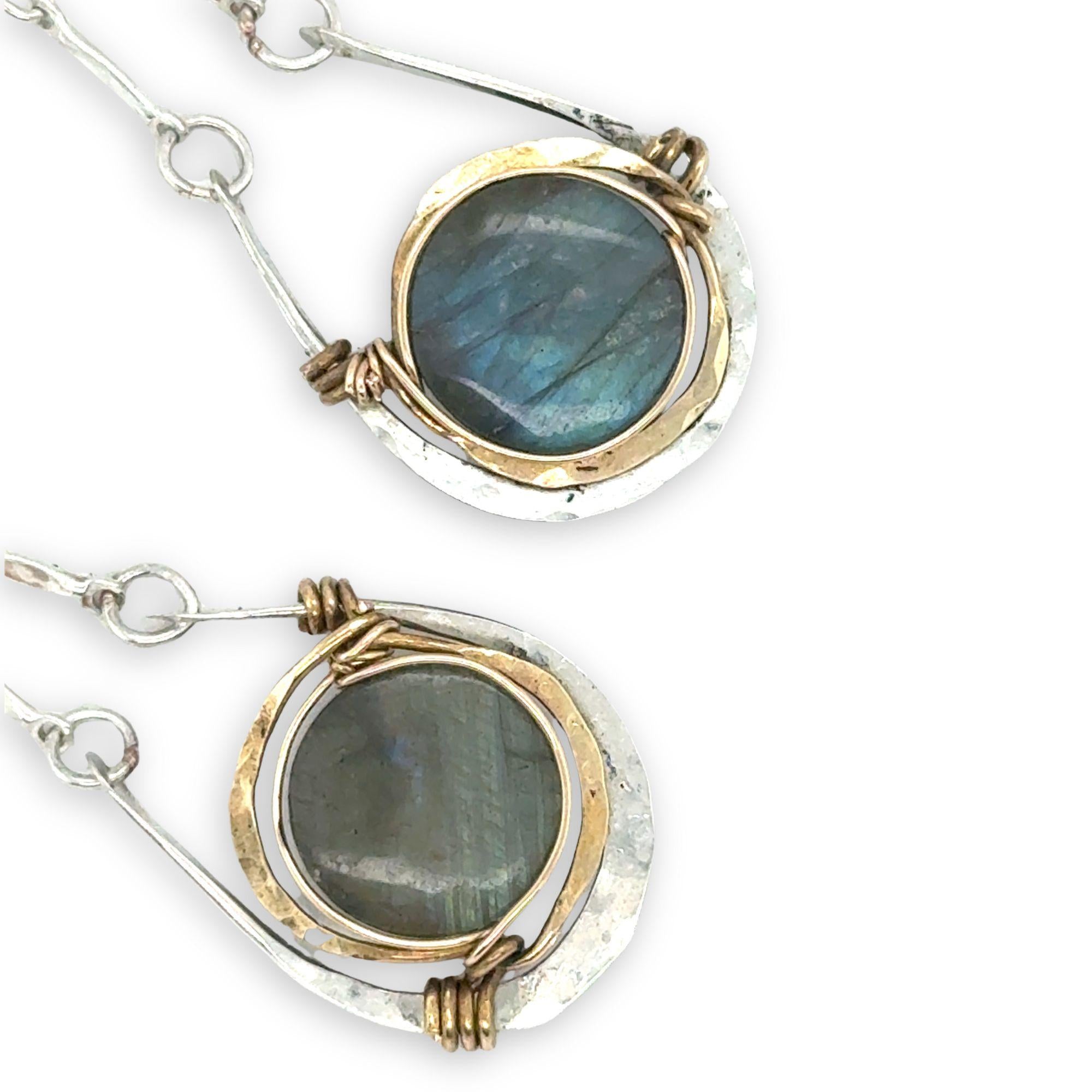 Sterling silver mini hammered cup earrings on bar chain with smooth labradorite coin gemstones wrapped in gold filled wire