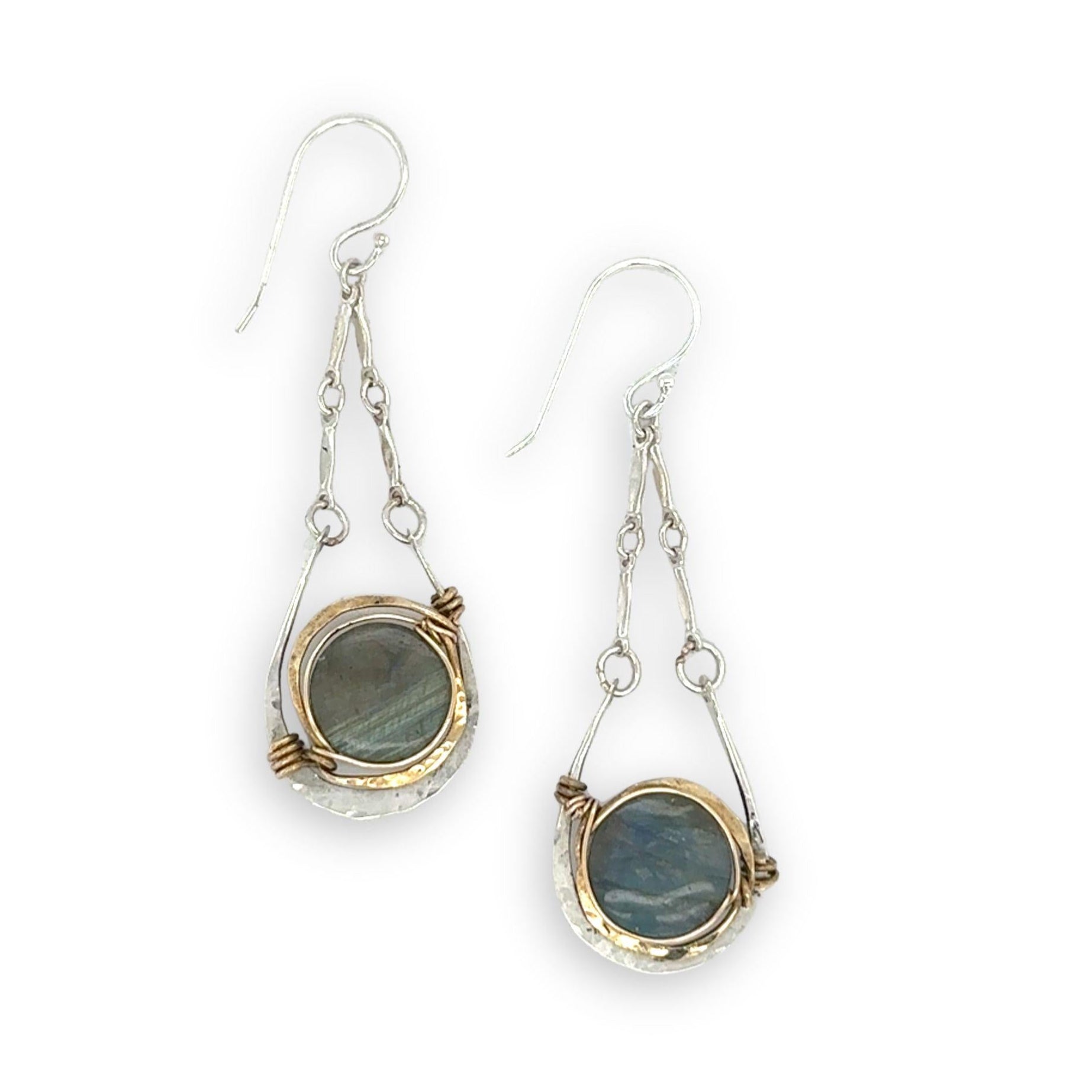 Sterling silver mini hammered cup earrings on bar chain with smooth labradorite coin gemstones wrapped in gold filled wire
