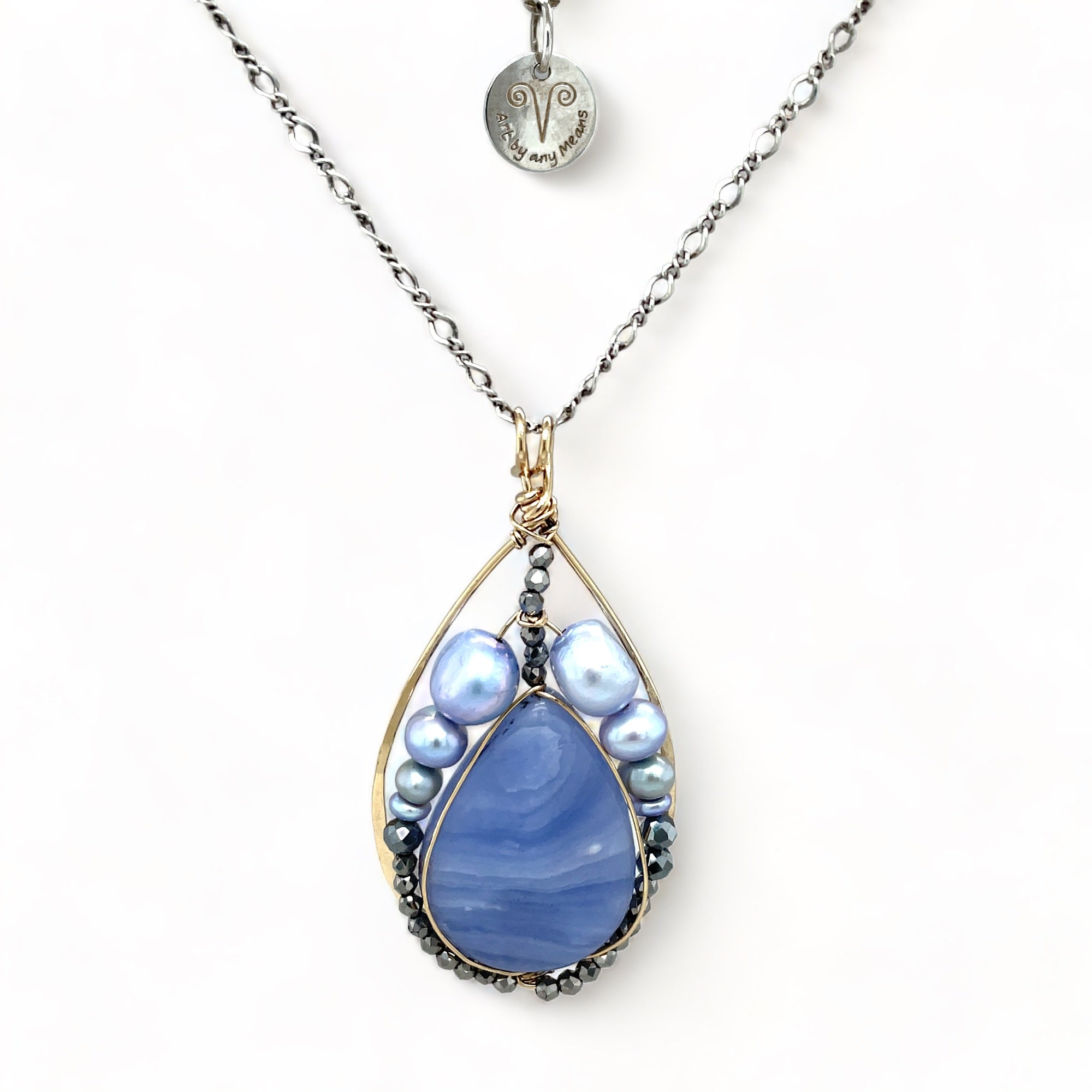 Sky blue jasper and pearls in bronze drop pendant on a sterling silver adjustable chain