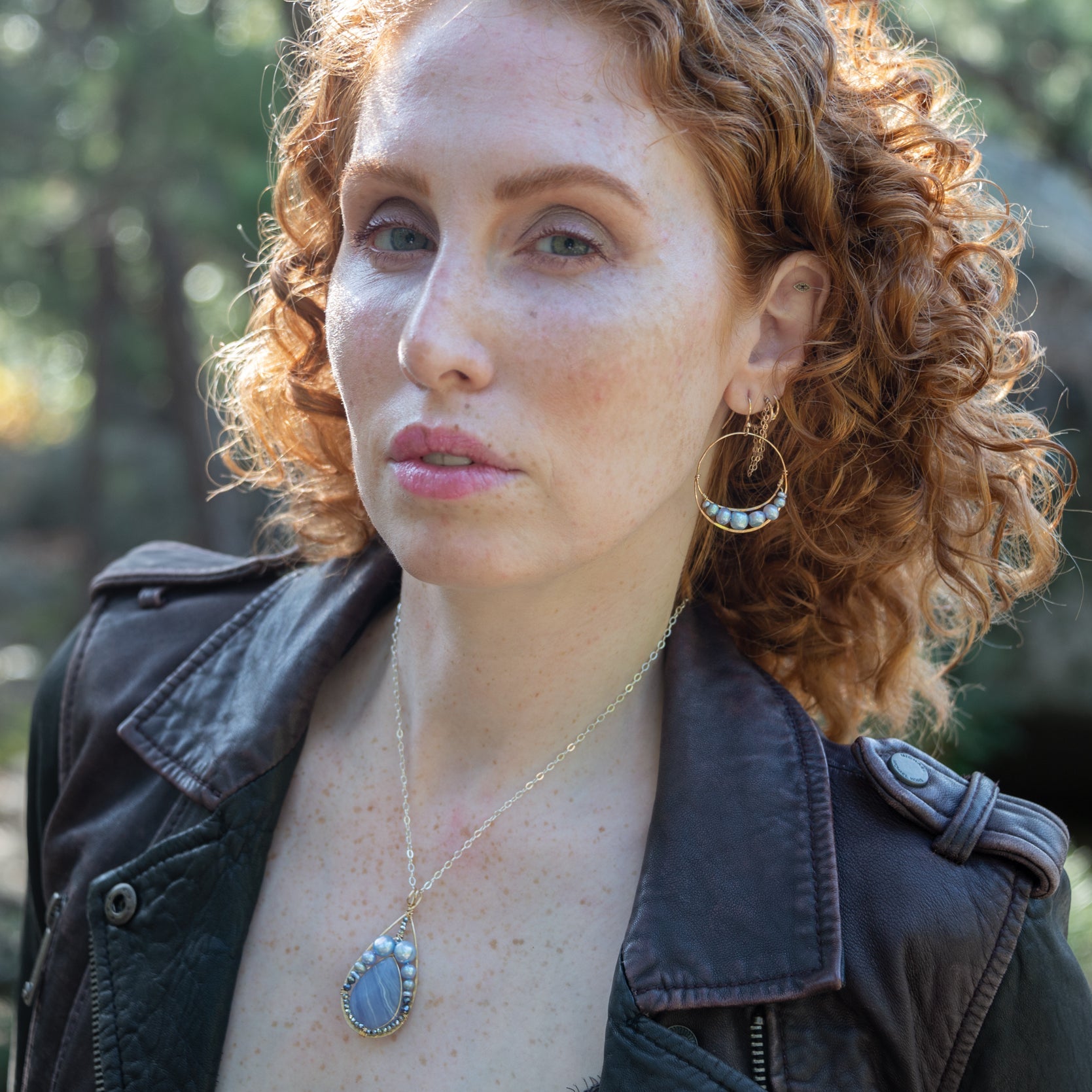 Bronze hammered channel hoops with sky blue fresh water pearls on 14k gold filled earring hooks