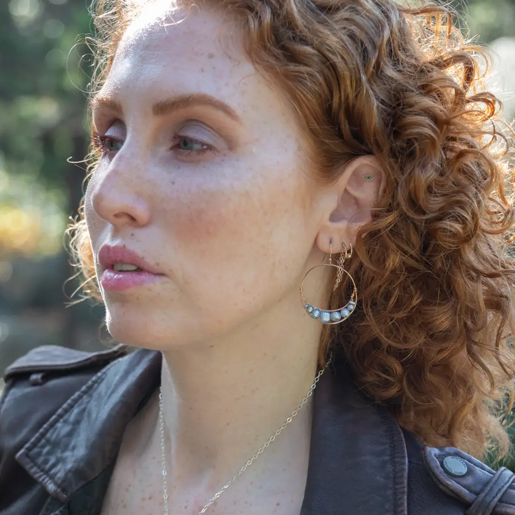 Bronze hammered channel hoops with sky blue fresh water pearls on 14k gold filled earring hooks