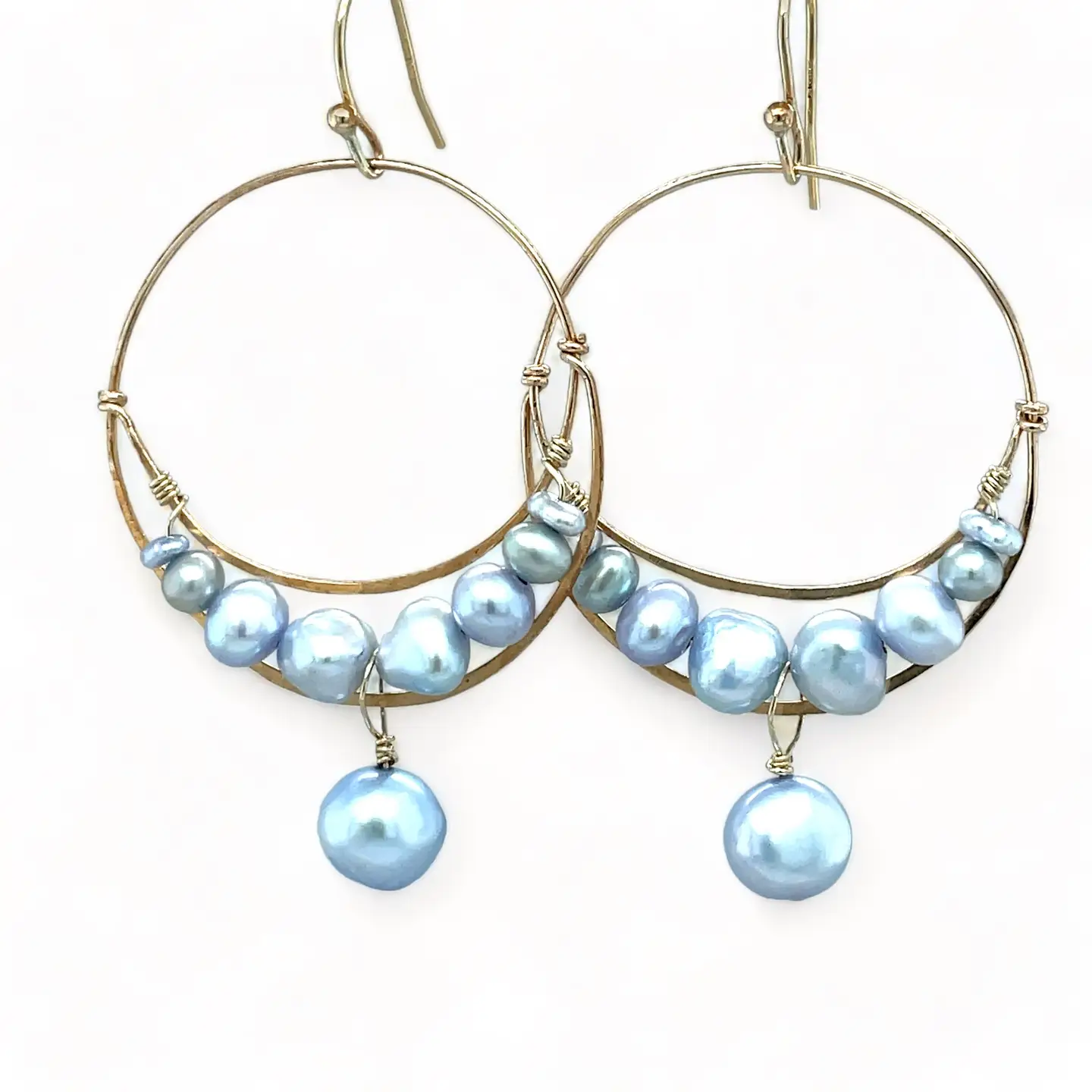 Bronze hammered channel hoops with sky blue fresh water pearls on 14k gold filled earring hooks