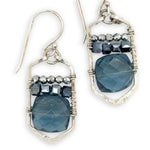 London blue quartz tiles stacked with dark navy crystal cubes and sparkly silver pyrite crystal gemstones on mini sterling silver skyscraper earrings