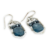 London blue quartz tiles stacked with dark navy crystal cubes and sparkly silver pyrite crystal gemstones on mini sterling silver skyscraper earrings