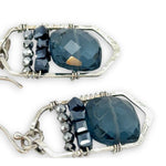 London blue quartz tiles stacked with dark navy crystal cubes and sparkly silver pyrite crystal gemstones on mini sterling silver skyscraper earrings