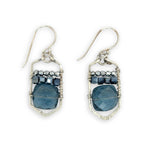 London blue quartz tiles stacked with dark navy crystal cubes and sparkly silver pyrite crystal gemstones on mini sterling silver skyscraper earrings