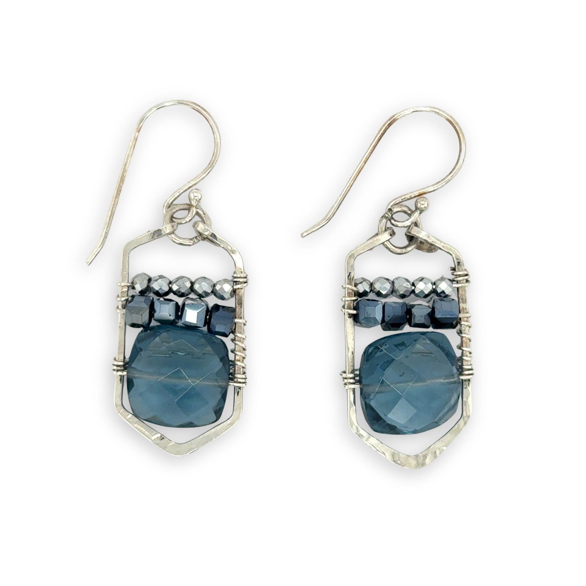 London blue quartz tiles stacked with dark navy crystal cubes and sparkly silver pyrite crystal gemstones on mini sterling silver skyscraper earrings