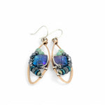 A pair of bronze marquise earrings with amazonite and pyrite gemstones surrounding rectangle crystals on sterling silver wire