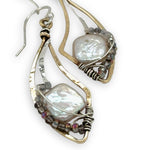 Fresh water pearl tiles held in brass mini dove wing earrings surrounded by mini crystals on sterling silver wire