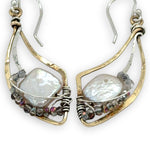 Fresh water pearl tiles held in brass mini dove wing earrings surrounded by mini crystals on sterling silver wire