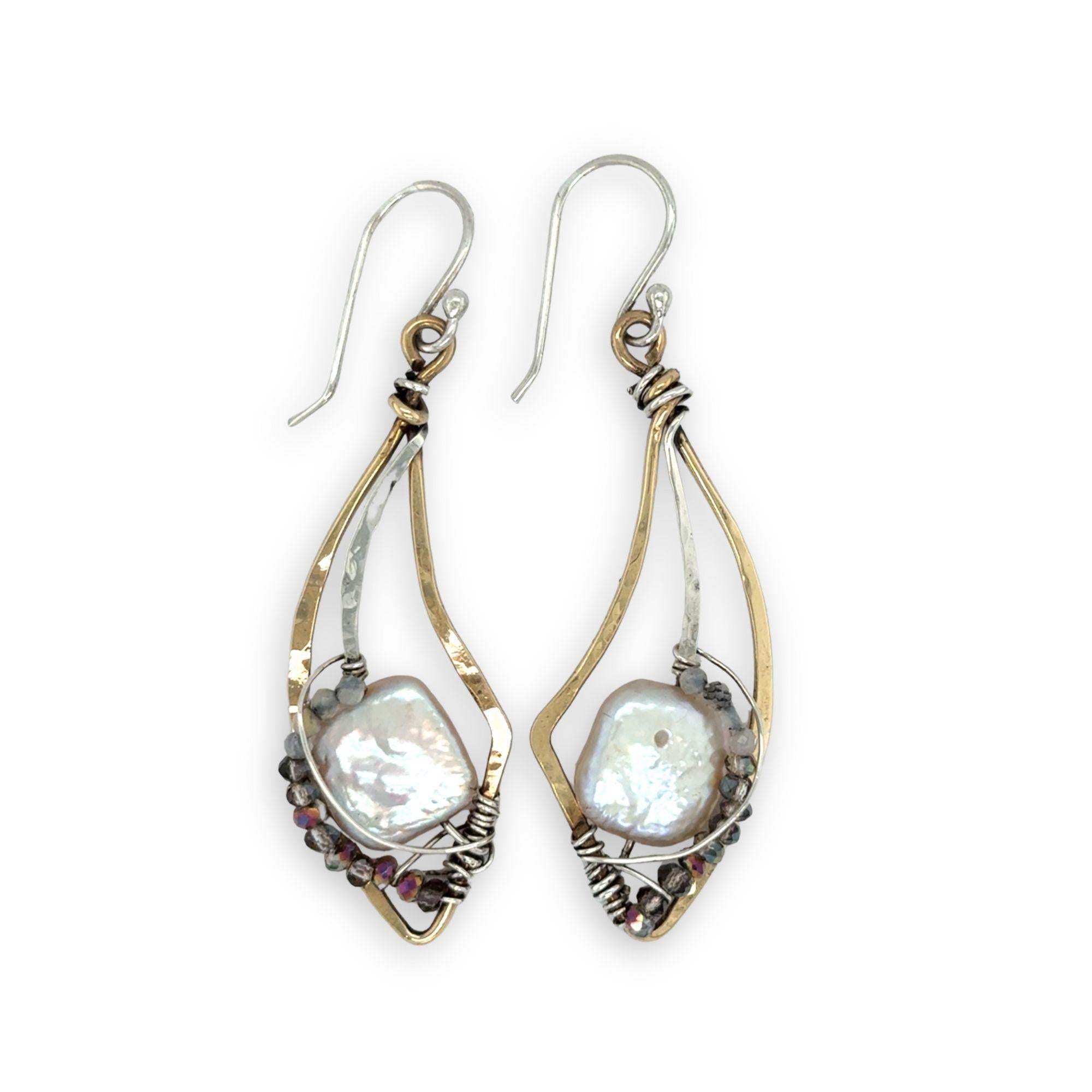 Fresh water pearl tiles held in brass mini dove wing earrings surrounded by mini crystals on sterling silver wire