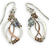 tiny sterling silver marquise earrings with blue crystal wrapped in bronze and brass twist wires