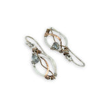 tiny sterling silver marquise earrings with blue crystal wrapped in bronze and brass twist wires