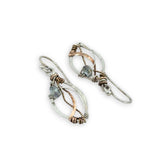tiny sterling silver marquise earrings with blue crystal wrapped in bronze and brass twist wires