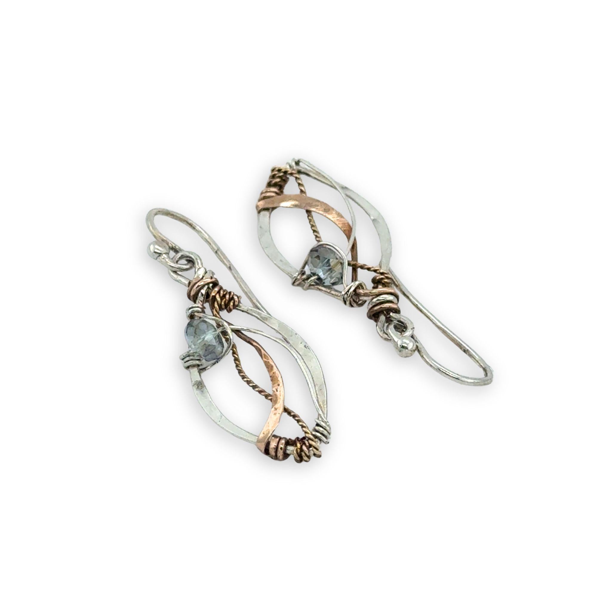 tiny sterling silver marquise earrings with blue crystal wrapped in bronze and brass twist wires