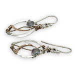 tiny sterling silver marquise earrings with blue crystal wrapped in bronze and brass twist wires