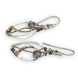 tiny sterling silver marquise earrings with blue crystal wrapped in bronze and brass twist wires