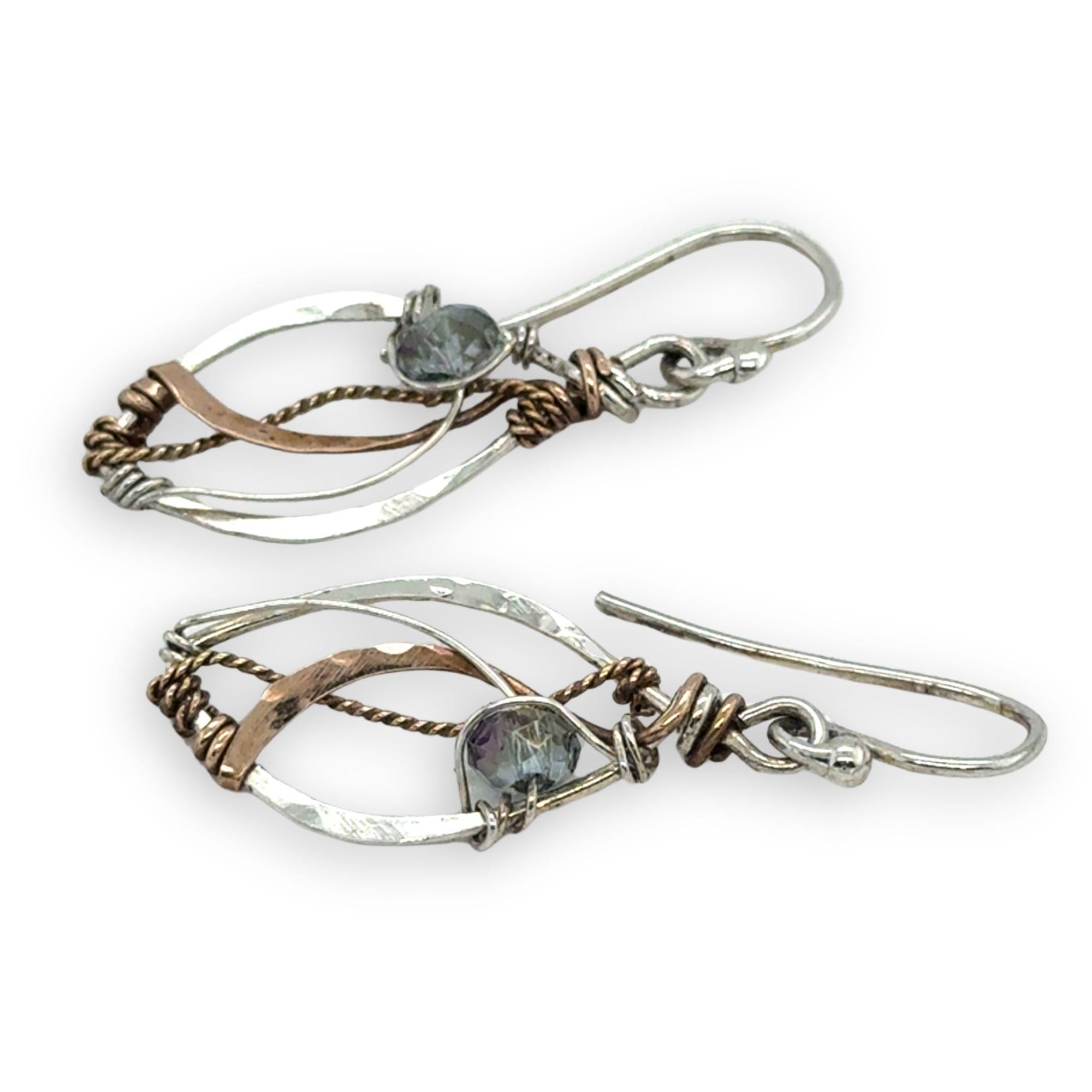 tiny sterling silver marquise earrings with blue crystal wrapped in bronze and brass twist wires