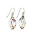 tiny sterling silver marquise earrings with blue crystal wrapped in bronze and brass twist wires
